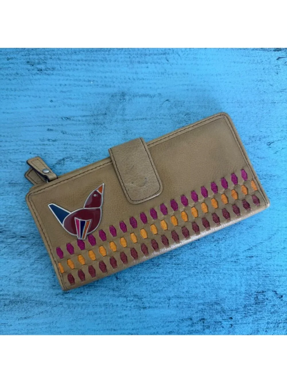 Fossil Tan Leather Wallet With Colorful Embroidered Accents & Bird Design